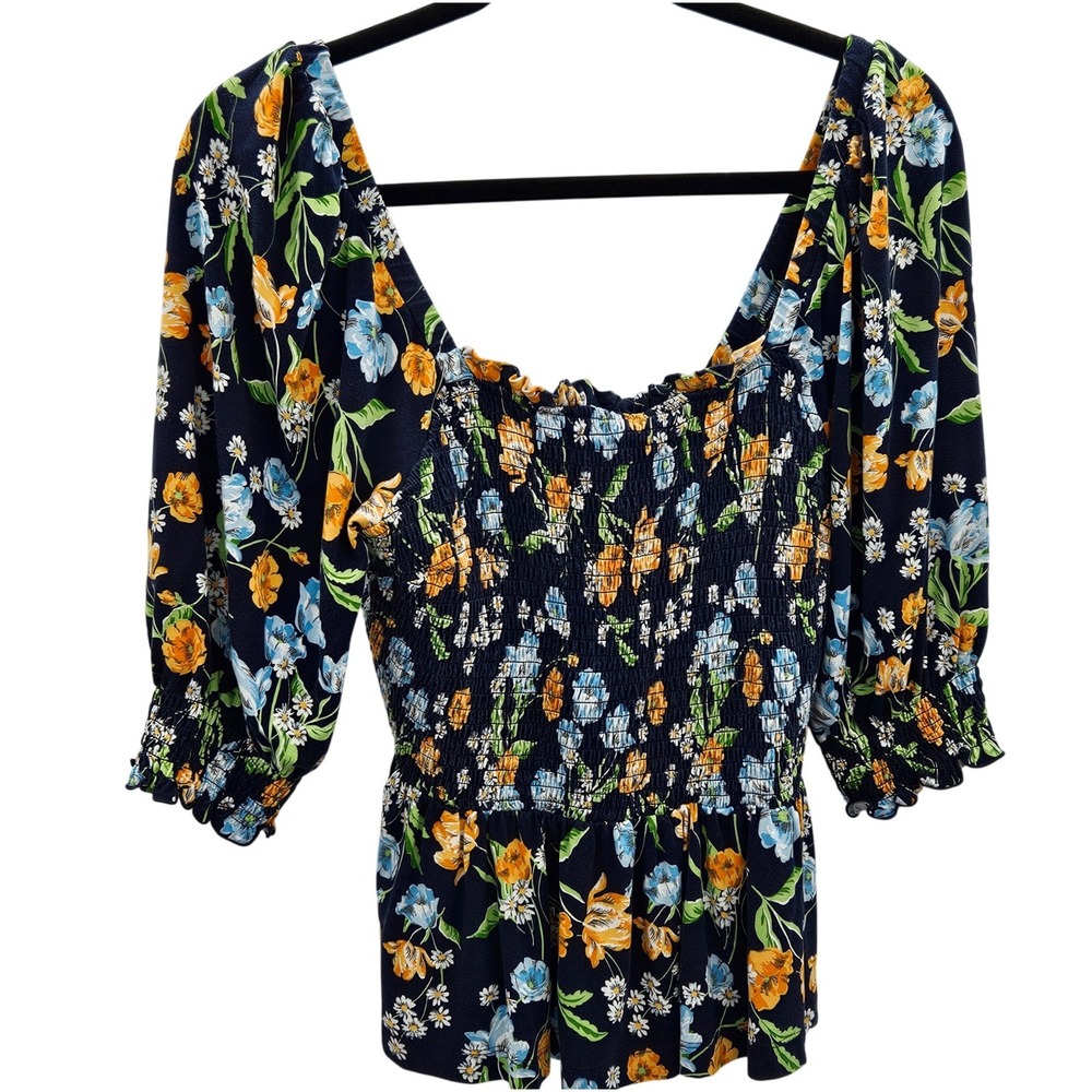 Draper James Womens Navy Floral Smocked Peplum Top Square Neck Small Puff Sleeve